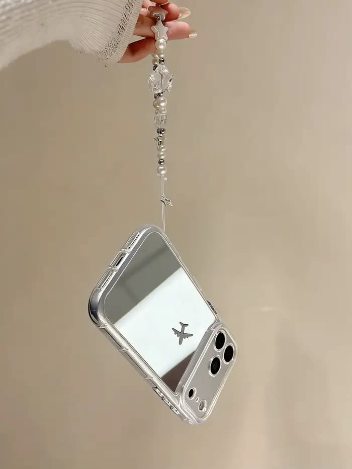 Coque de téléphone miroir avec bracelet perlé pour iPhone 17 16 15 14 13 Pro Max, coque transparente motif avion