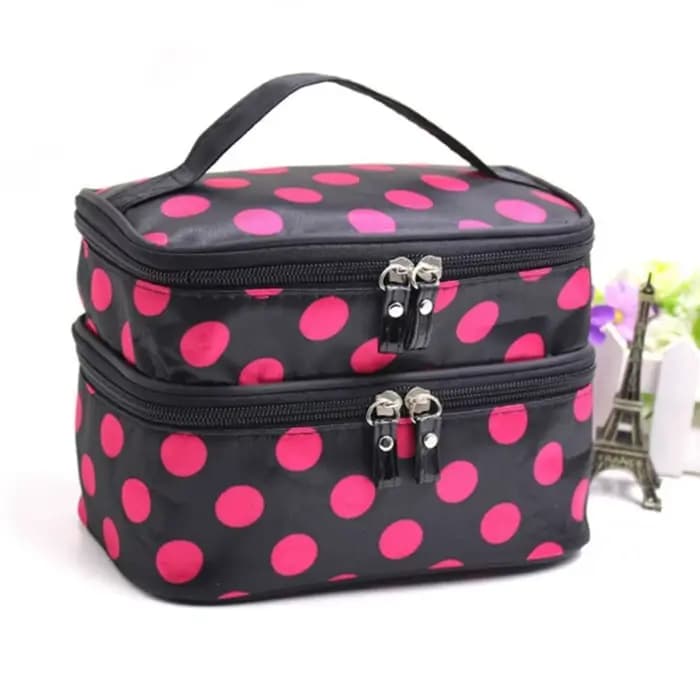 Sac de maquillage double couche à pois
