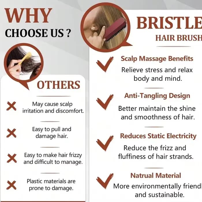 Brosse à cheveux à poils de qualité supérieure avec manche en bois, réduit les frisottis et l'électricité statique, ensemble de brosses à poils de Massage du cuir chevelu pour tous les Types de cheveu