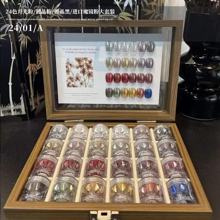Ensemble de poudre miroir pour nail art rouge 24 couleurs avec cartes de couleurs et boîte de rangement. Art des ongles DIY, art des ongles artistique, charmant et beau