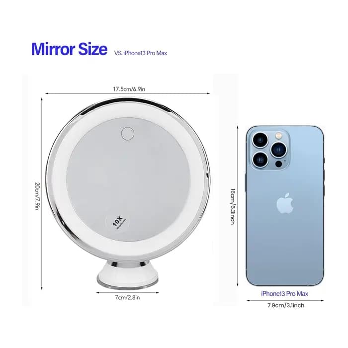 Miroir de maquillage portable grossissant 10X avec 3 couleurs de lumière