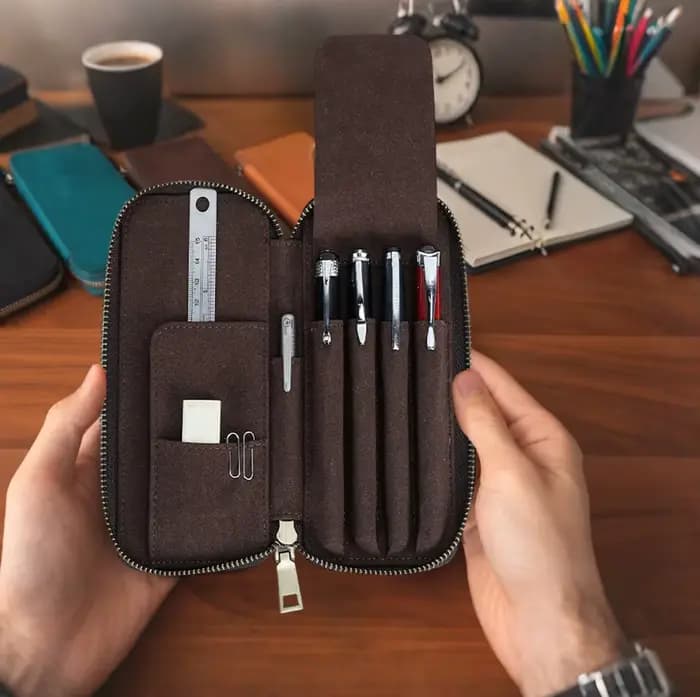 Étui à crayons en cuir véritable avec 4 compartiments