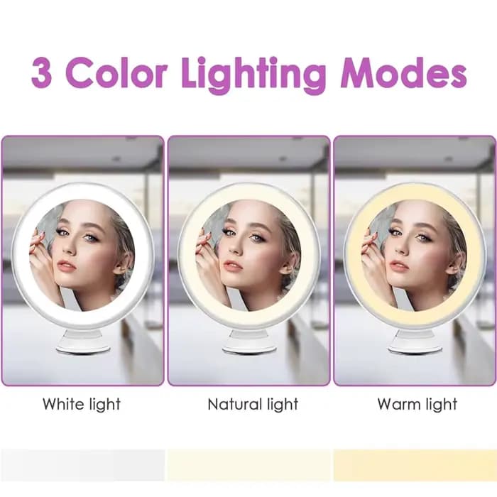 Miroir de maquillage portable grossissant 10X avec 3 couleurs de lumière