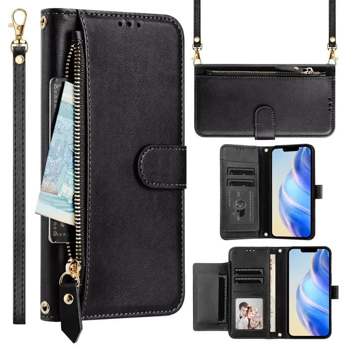 Étui à rabat à bandoulière pour OnePlus 13S 13T 13R 13 12 11 10 9 8T Multi 7 cartes, housse portefeuille de poche à fermeture éclair avec lanière en cuir rétro