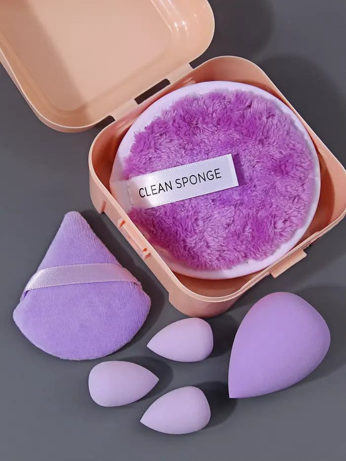 Ensemble d'éponges de maquillage violettes avec boîte de rangement