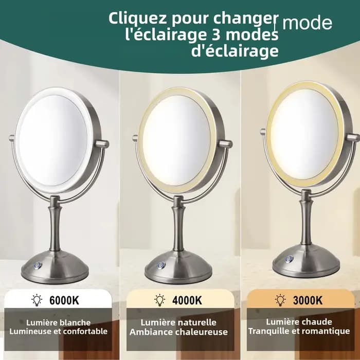 Miroir de maquillage TUSHENGTU avec éclairage, grossissement 10x, double miroir pour le maquillage, miroir cosmétique sur pied rotatif à 360 degrés