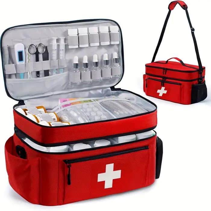 Sac de rangement de médicaments de voyage de grande capacité, kit d'urgence portable, conception à double couche, pochette avant, plusieurs façons de transporter.