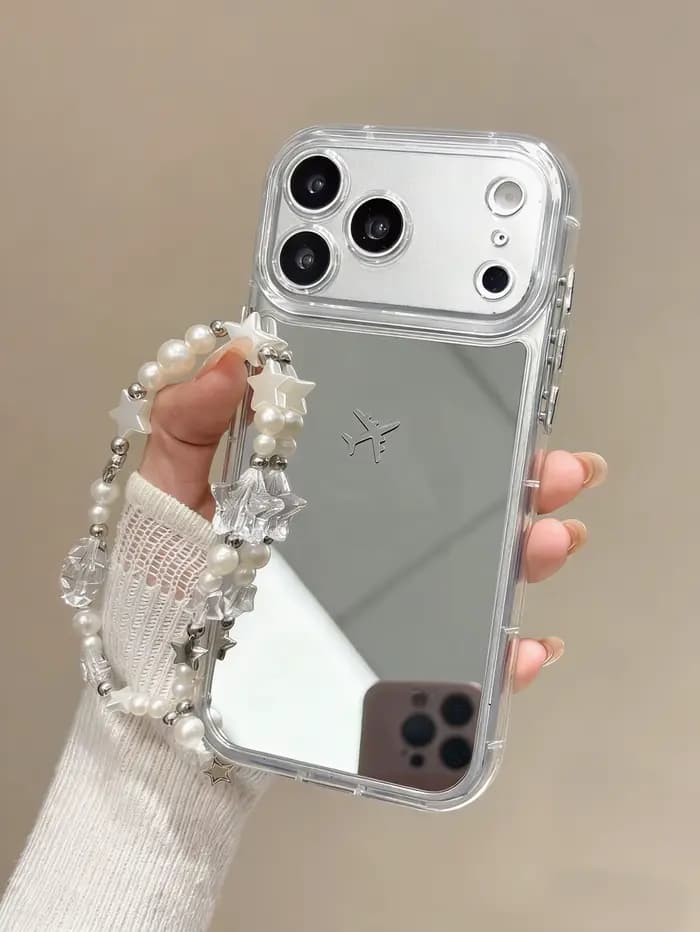 Coque de téléphone miroir avec bracelet perlé pour iPhone 17 16 15 14 13 Pro Max, coque transparente motif avion