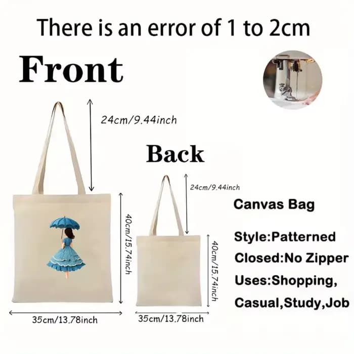 Sac fourre-tout en toile beige avec un imprimé féminin d'un parapluie et une robe bleue