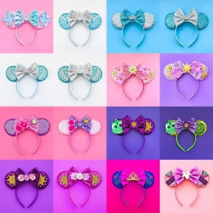 Accessoires de cheveux Disney raiponce pour filles, bandeaux caméléon oreilles de tournesol pour femmes, bandeaux emmêlés pour enfants, couvre-chef à nœud à paillettes