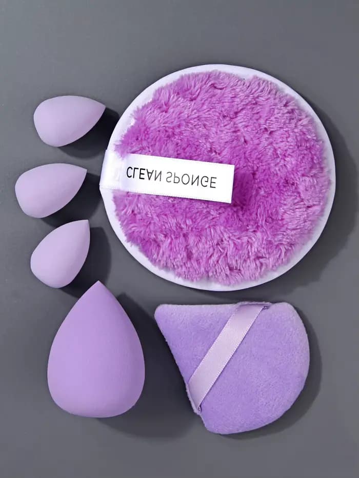 Ensemble d'éponges de maquillage violettes avec boîte de rangement