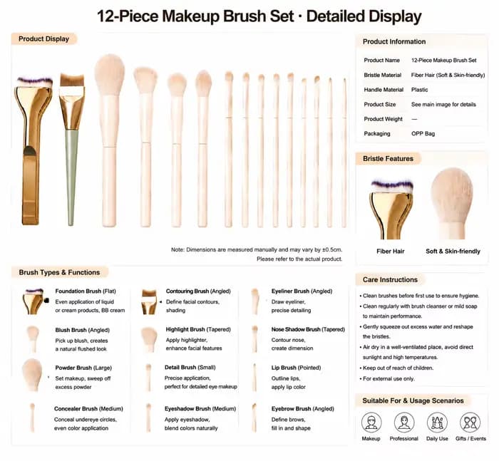 Ensemble professionnel de 12 pinceaux de maquillage avec pinceau pour le fond de teint