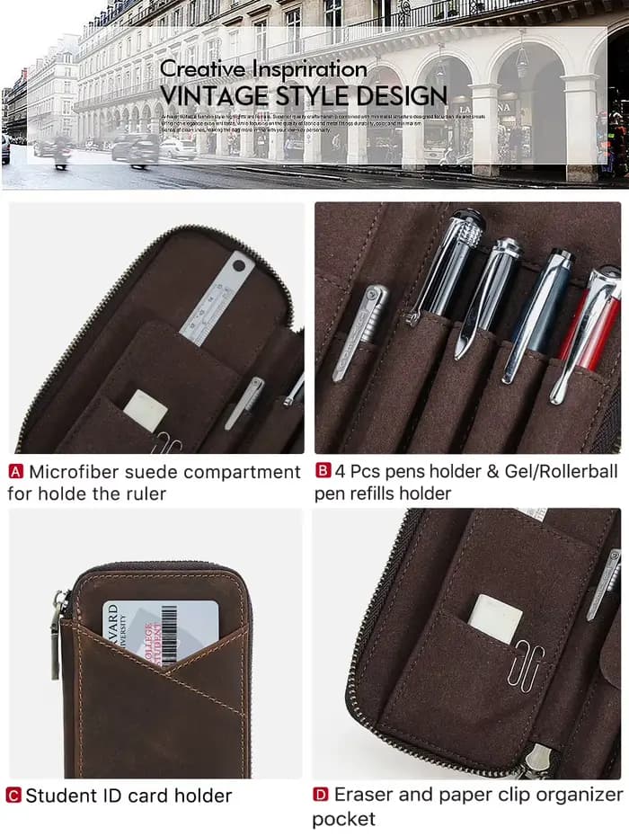 Étui à crayons en cuir véritable avec 4 compartiments