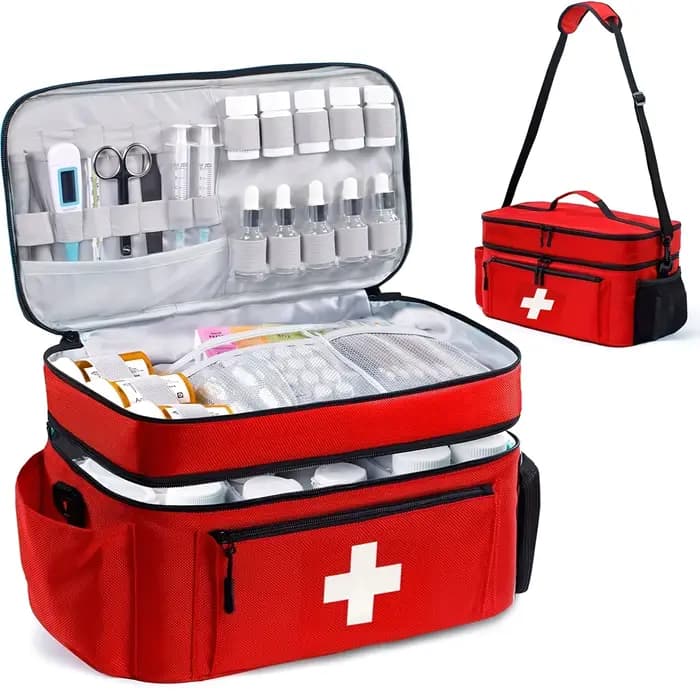 Sac de rangement de médicaments de voyage de grande capacité, kit d'urgence portable, conception à double couche, pochette avant, plusieurs façons de transporter.