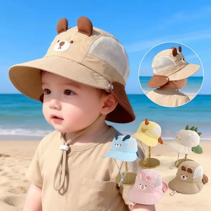 Chapeau de plage pour bébé avec visière solaire, motif dessin animé, oreilles d'ours et de lapin, pour garçons et filles, casquette d'été respirante en maille, style Panama