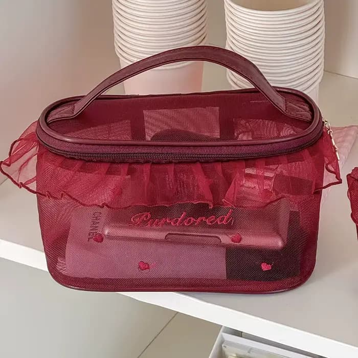 Sac de maquillage portable imperméable en dentelle brodée rose style Y2K pour l'été et la plage