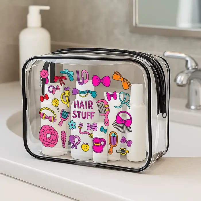 Trousse à cosmétiques transparente. Adorable design de cheveux pour les voyages