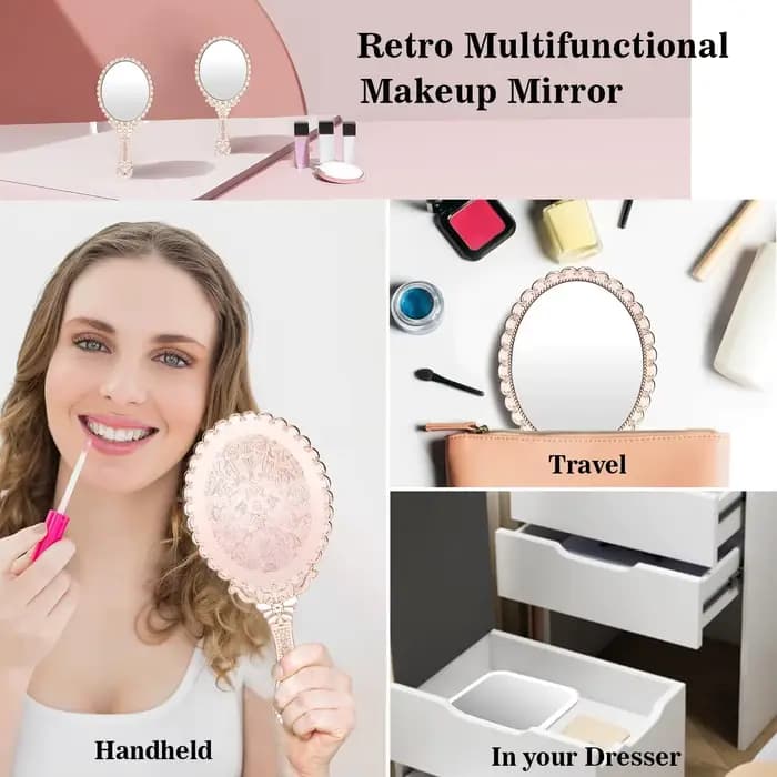 Miroir de maquillage de vanité portatif sculpté Vintage avec poignée