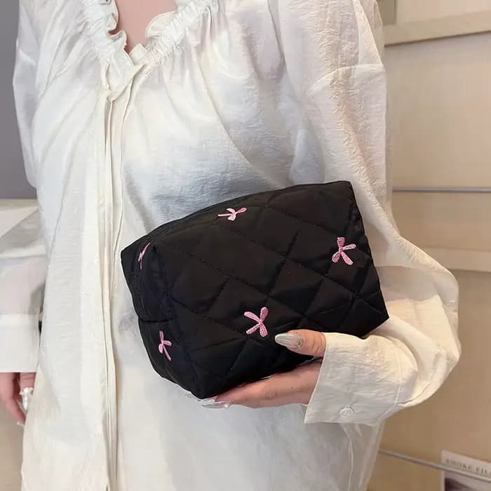 Trousse de maquillage brodée avec nœud pour femmes