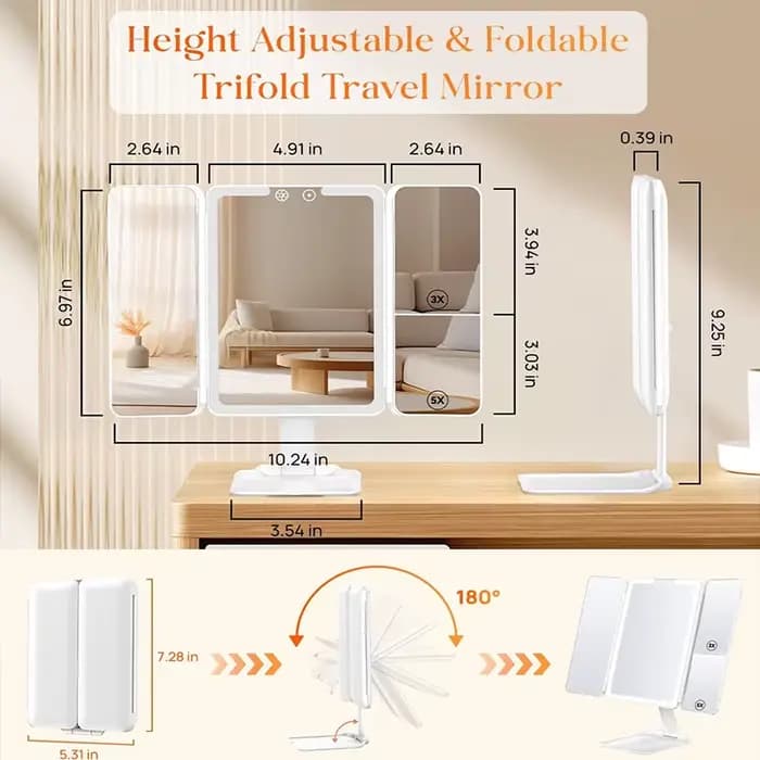 Miroir de courtoisie éclairé Triple pli 22 lumières LED écran tactile