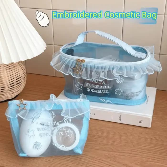 Trousse de Maquillage en Tissu Oxford Bleu Brodé avec Bord Volanté