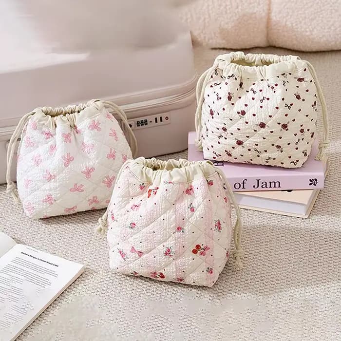 Pochette à maquillage matelassée en coton avec cordon de serrage