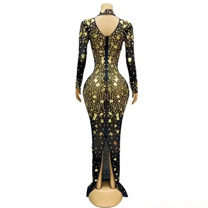 Robe à Manches sulfavec Miroirs Dorés Clignotants, Tenue de Séance Photo en Maille Transparente avec Strass, Costume de Cérémonie d'Anniversaire Noir