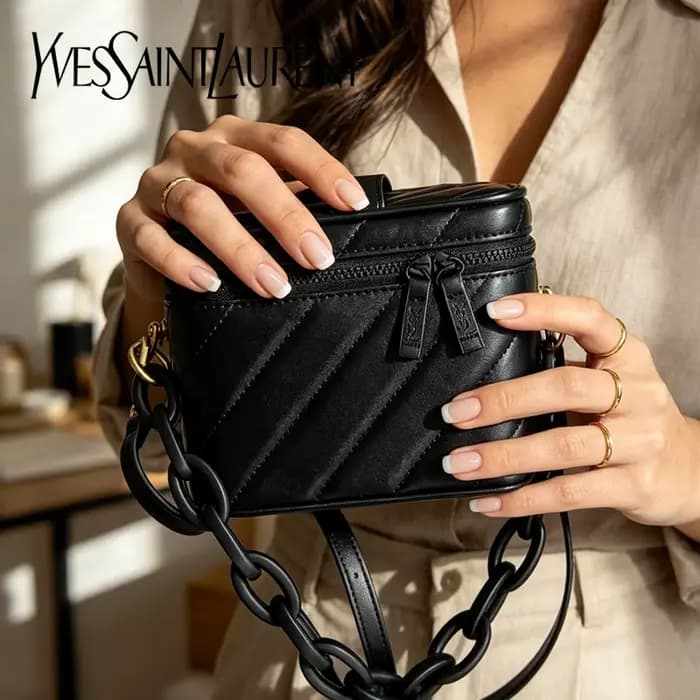 Sac Yves Saint Laurent noir matelassé, mini sac cosmétique YSL avec miroir intégré, pochette de maquillage multi-usage avec accessoires détachables DIY