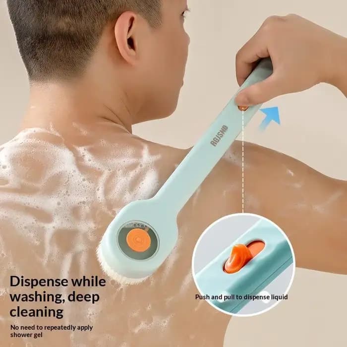 Brosse de bain à poils doux et manche long, distributeur de savon intégré, outil de nettoyage exfoliant pour la peau sous la douche