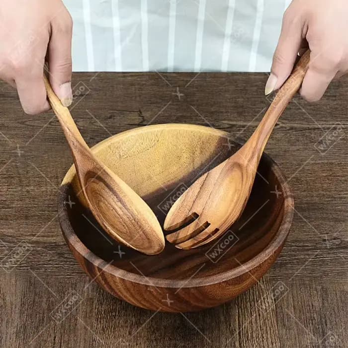 Cuillères à salade durables de 10 pouces, ensemble de couverts en bois d'acacia, mélangeur à salade, fourchette et cuillère, serviteurs à salade, ustensiles de cuisine, 2 pièces