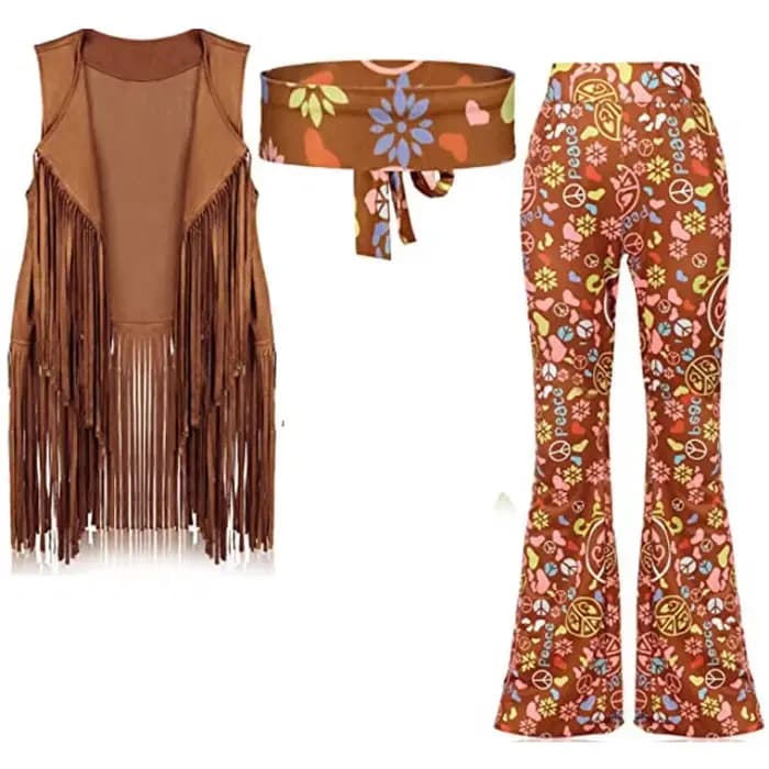 Tenues Hippie Disco des années 60 et 70 pour femmes, ensemble d'accessoires de Costume d'halloween Vintage, pantalon évasé Boho, gilet à franges, signe de paix