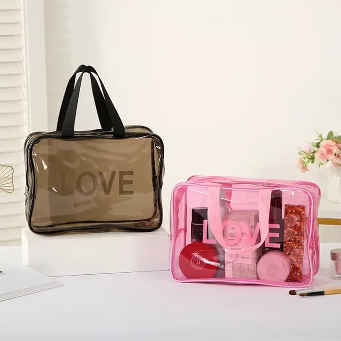 Trousse de maquillage imprimée - Motif LOVE - Organisateur de rangement transparent pour articles de toilette - Sac