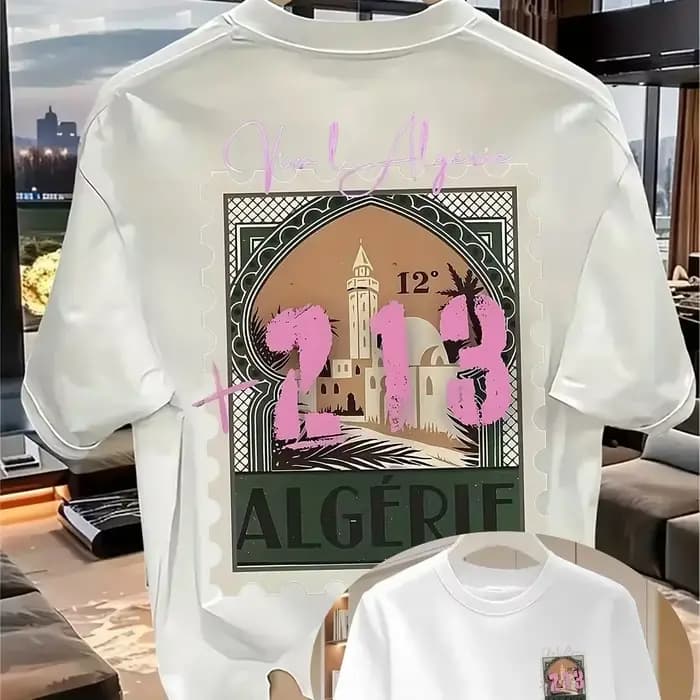 T-shirt Homme Fierté Algérienne 100% Coton avec Motif Estampé « ALGERIE +213 » Respirant pour l'Été et les Voyages