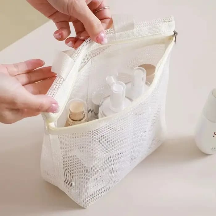 Sac de rangement en maille pour articles de toilette