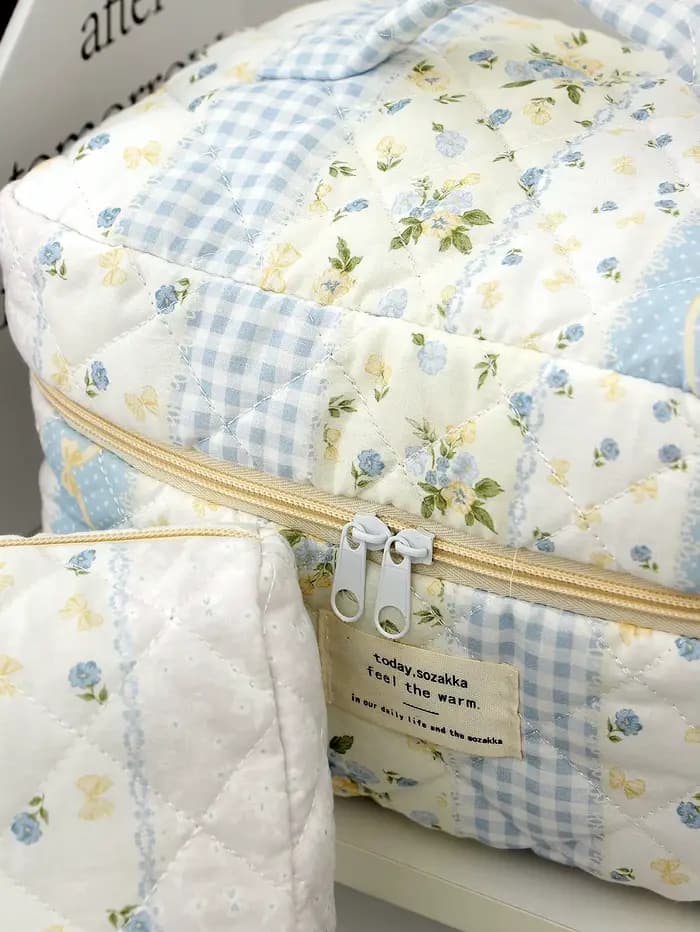 1 pièce/ensemble trousse de maquillage matelassée patchwork bleu