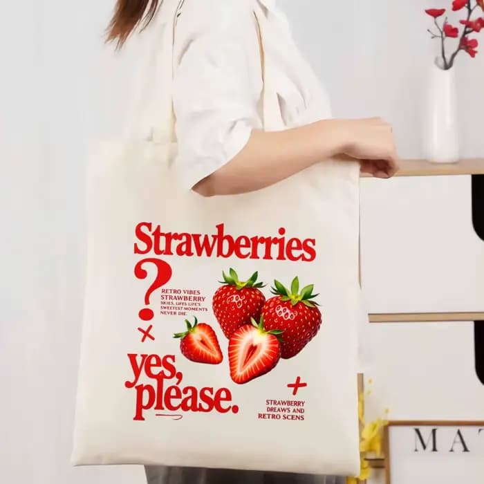 Sac fourre-tout en toile blanche à motif fraise