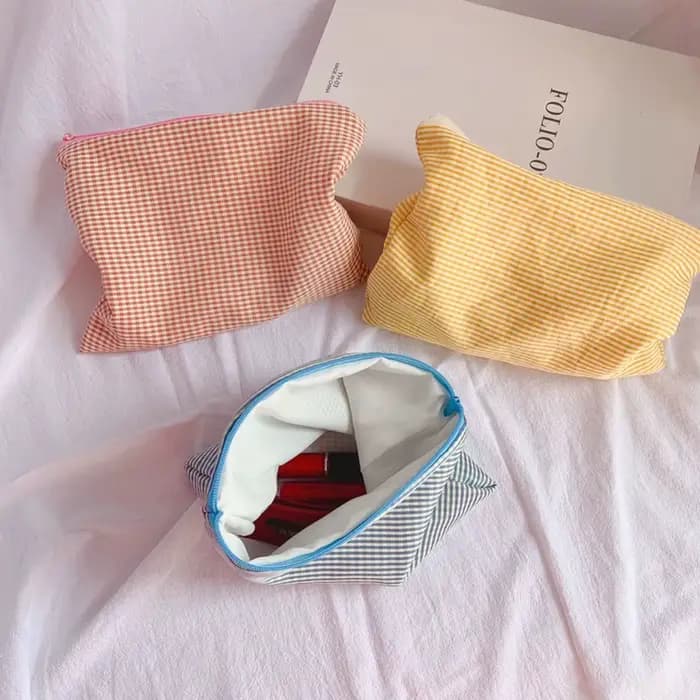 Nouvelles femmes sac de maquillage à carreaux grande capacité coton pochette à glissière sac à main