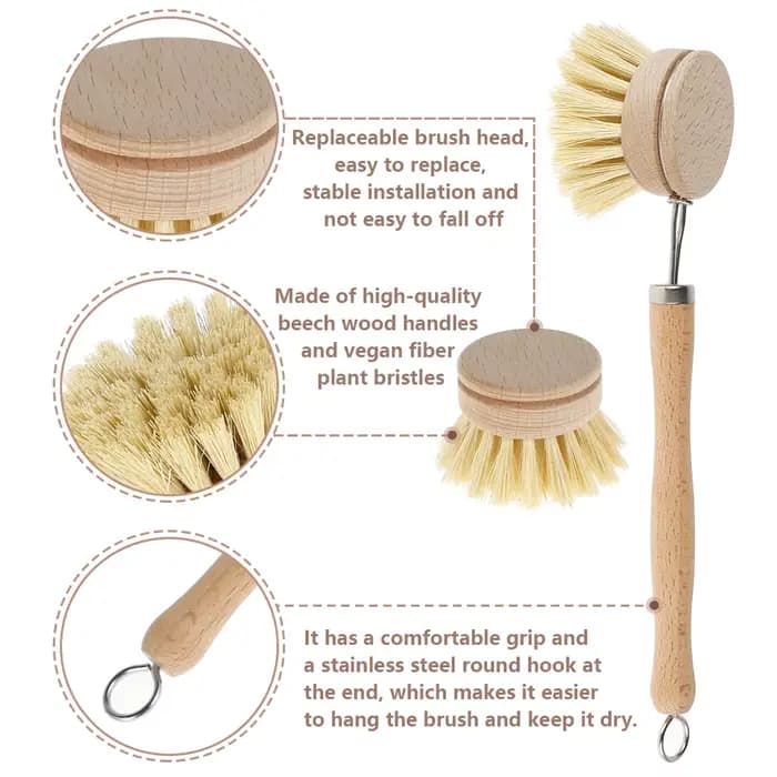 Brosse à vaisselle de cuisine à Long manche, brosse en bois avec 4 têtes de brosse de rechange, outil de nettoyage de cuisine domestique pour casseroles, casseroles, bol