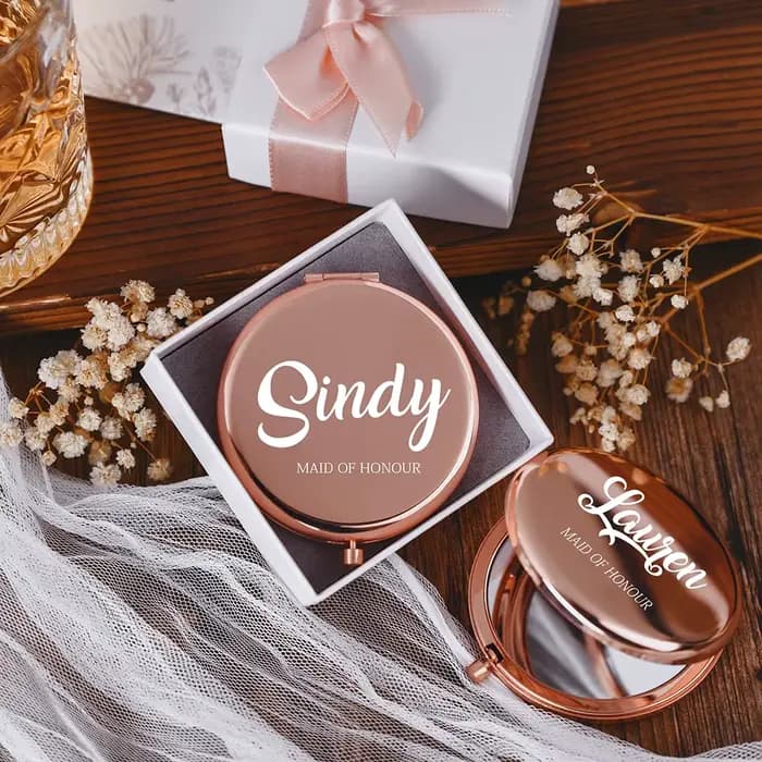 Miroirs de maquillage compacts personnalisés avec boîte à ruban blanc