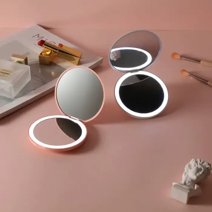 Personnalisé Petit LED Lumière Cosmétique 2 Côté Pliant Maquillage Compact Poche Miroir Femmes Lumineux Effet Rose