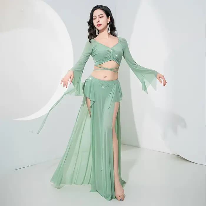 Costumes pour femmes adultes, robe de danse orientale en corne, manches longues, strass scintillants, jupe brillante, Sexy, fente latérale, carnaval fantaisie, nouveau