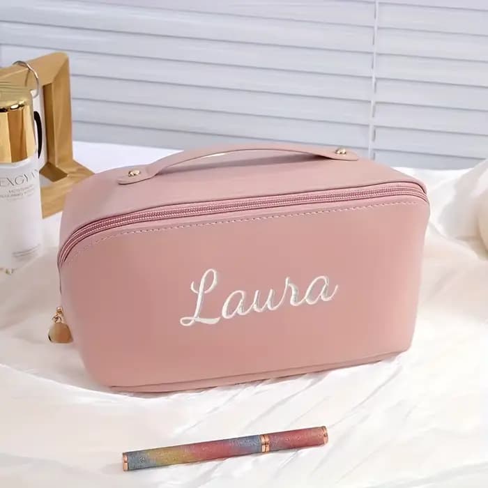 Pochette de maquillage personnalisée avec nom brodé - Organisateur de cosmétiques grande capacité avec fermeture à glissière et poignée supérieure