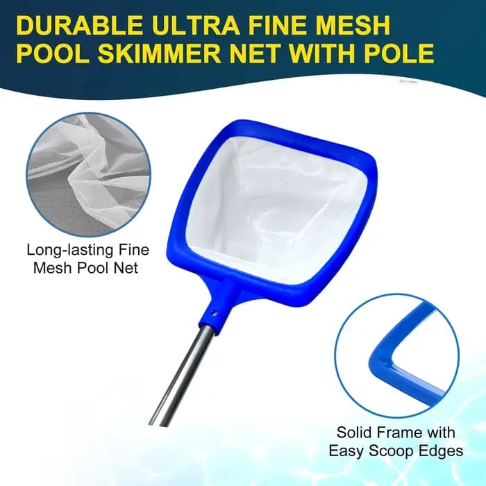 Épuisette de piscine durable avec cadre en plastique robuste et manche en aluminium léger – Accessoires de nettoyage de piscine