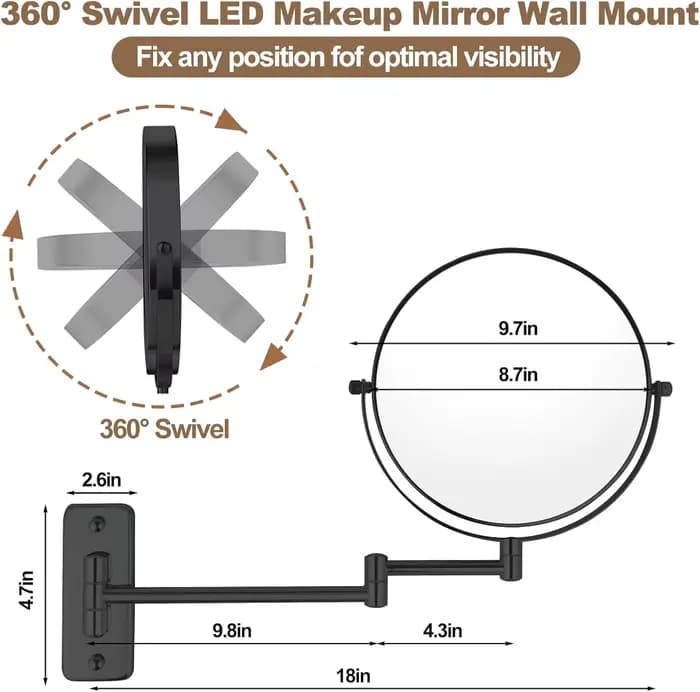 Miroir de salle de bain mural noir de 9 pouces