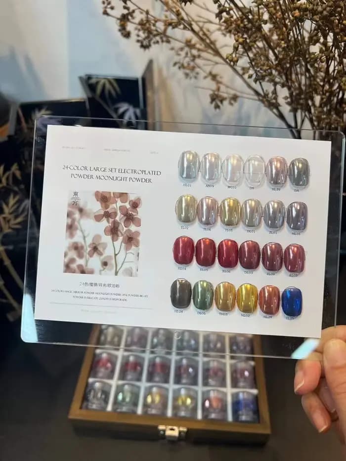 Ensemble de poudre miroir pour nail art rouge 24 couleurs avec cartes de couleurs et boîte de rangement. Art des ongles DIY, art des ongles artistique, charmant et beau