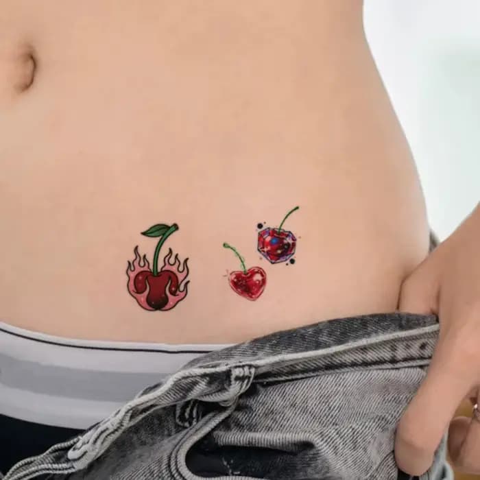 Autocollant de tatouage temporaire Cherry Kiss, longue durée et imperméable, lèvres fruitées, faux tatouages réalistes pour Couple, bras, poitrine
