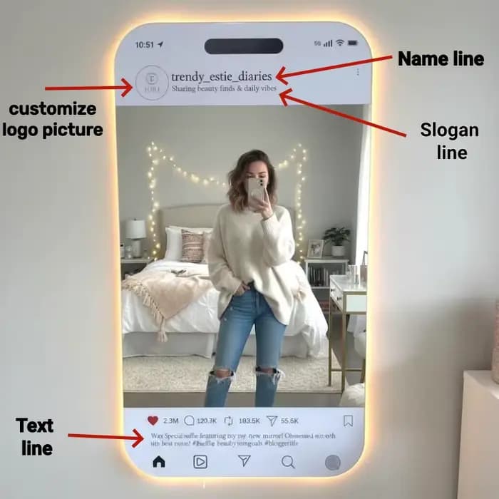 Miroir lumineux LED personnalisé pour les réseaux sociaux
