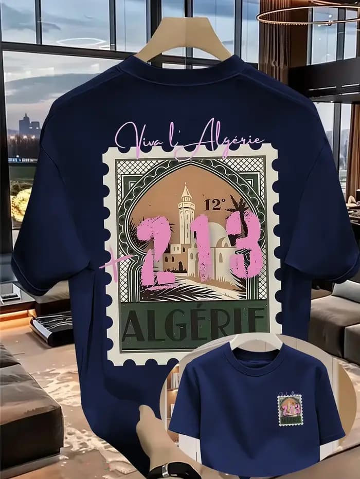 T-shirt Homme Fierté Algérienne 100% Coton avec Motif « ALGERIE +213 » Respirant pour l'Été et les Voyages