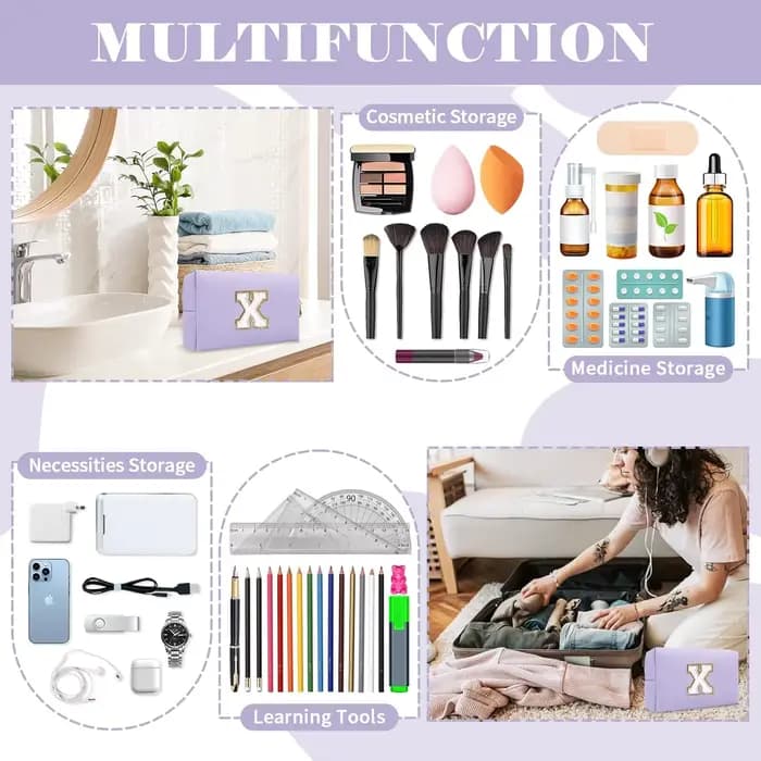Sac de maquillage avec lettres brodées violettes