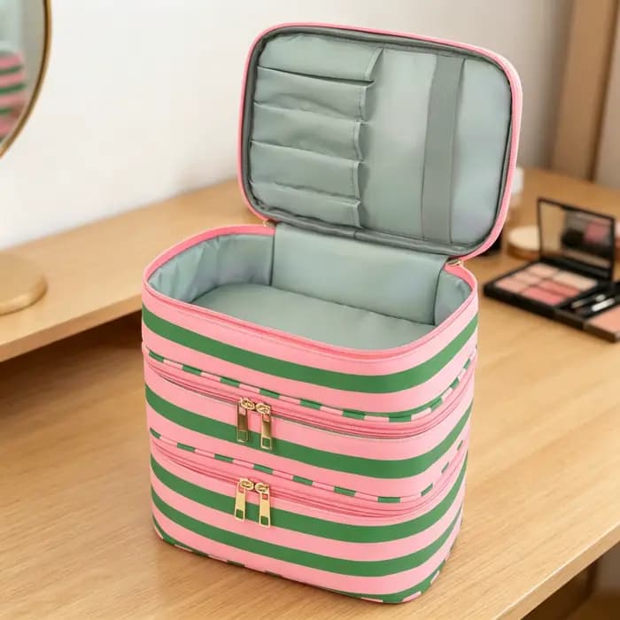 Grande trousse de maquillage à 3 couches avec poignée